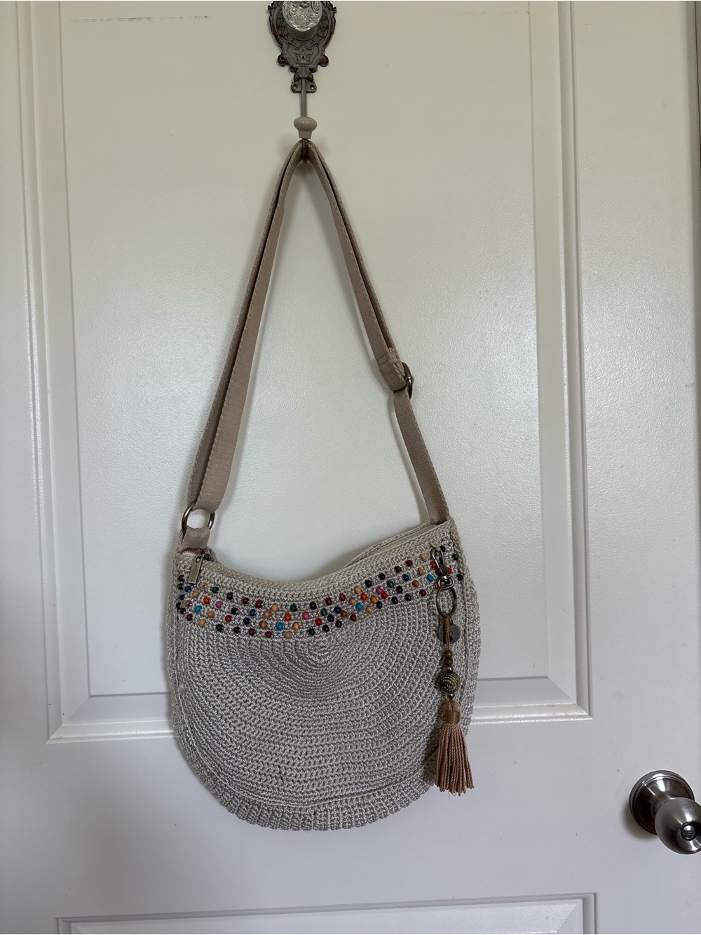The Sak Beige Crochet Shoulder Bag with Multicolor Bead Trim
